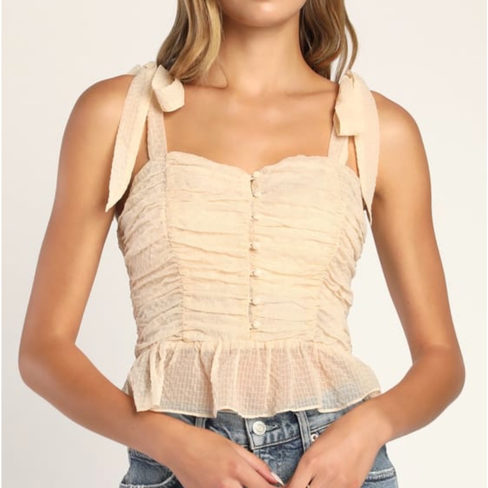 Lulus Gathering Love Cream
Ruched Tie-Strap Button-Front Top